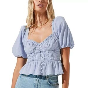 Astr the Label Light Blue Clairemont Top Textured Puff Sleeve Blouse